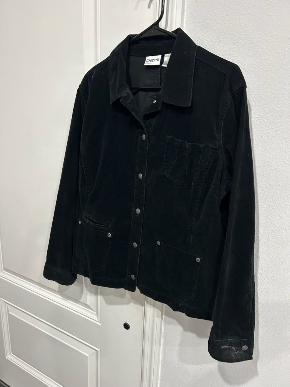 Chicos Large Washed Cord Emmeline Black Jacket Snap Long Sleeves Retro Cozy NWT - Picture 3 of 12